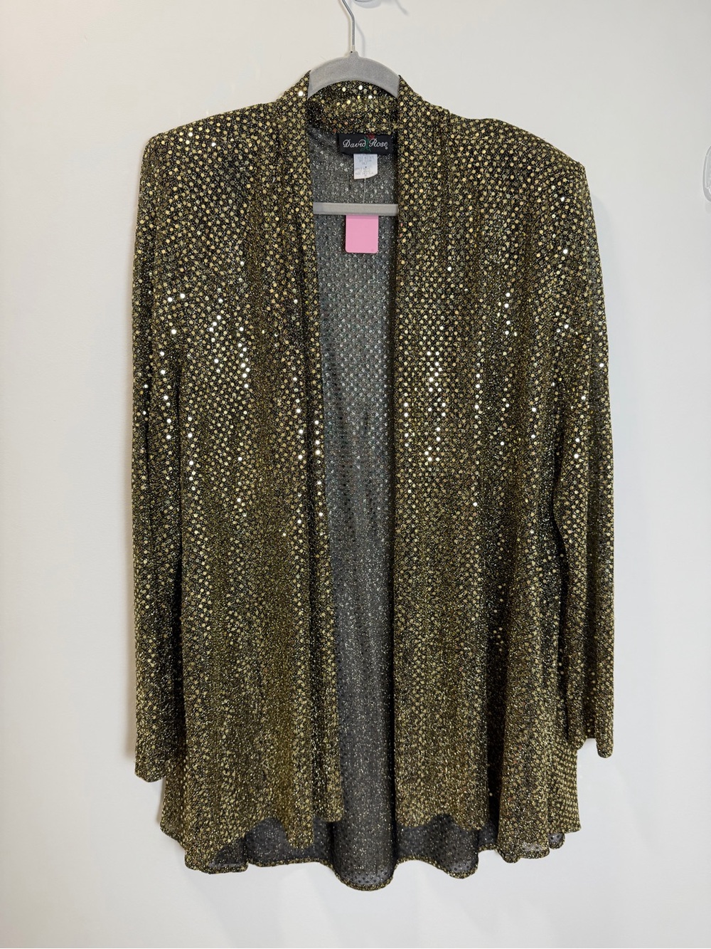 Vintage David Rose Gold Metallic Sparkle Open Front Duster Cardigan XL Made USA